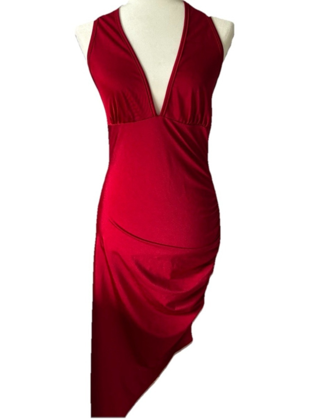 Sexy Red Halter Dress Plunging V-Neck Ruched Side Asymmetric Hem Bodycon Prom